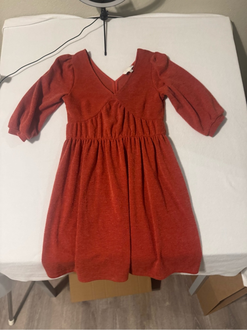 V-Neck Puff Sleeve Midi Dress in Rust - Picture 2 of 8